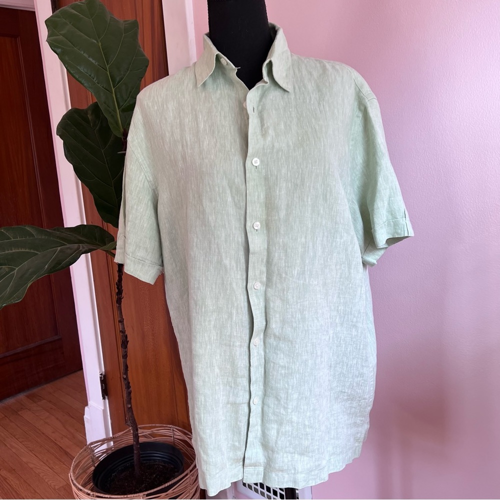 Perry Ellis Men’s Short Sleeve Button Down 100% Linen Shirt Mint Green